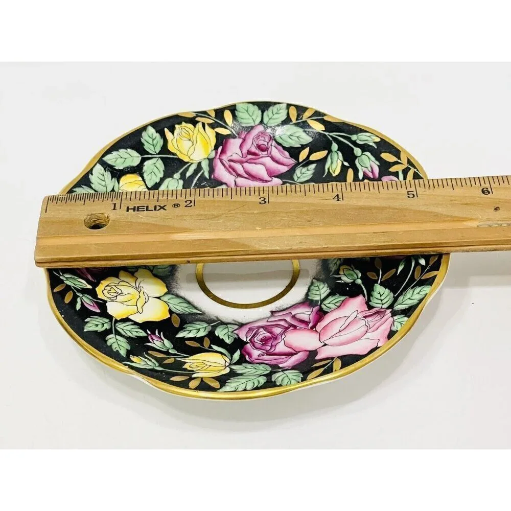 Vintage Rosina Pink & Yellow Roses Black & Gold Tea Cup & Saucer 4861 Bone China